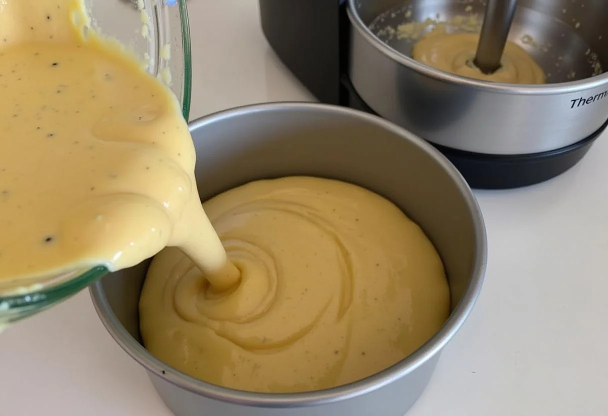 Kuchenmix wird in eine Backform gegossen für kuchen thermomix schnell.