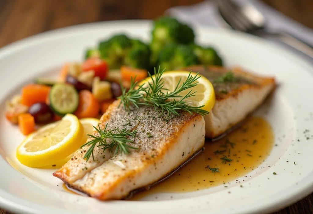 Elegantes Forellenfilet mit frischem Dill und Zitronenscheiben, serviert mit Gemüse.