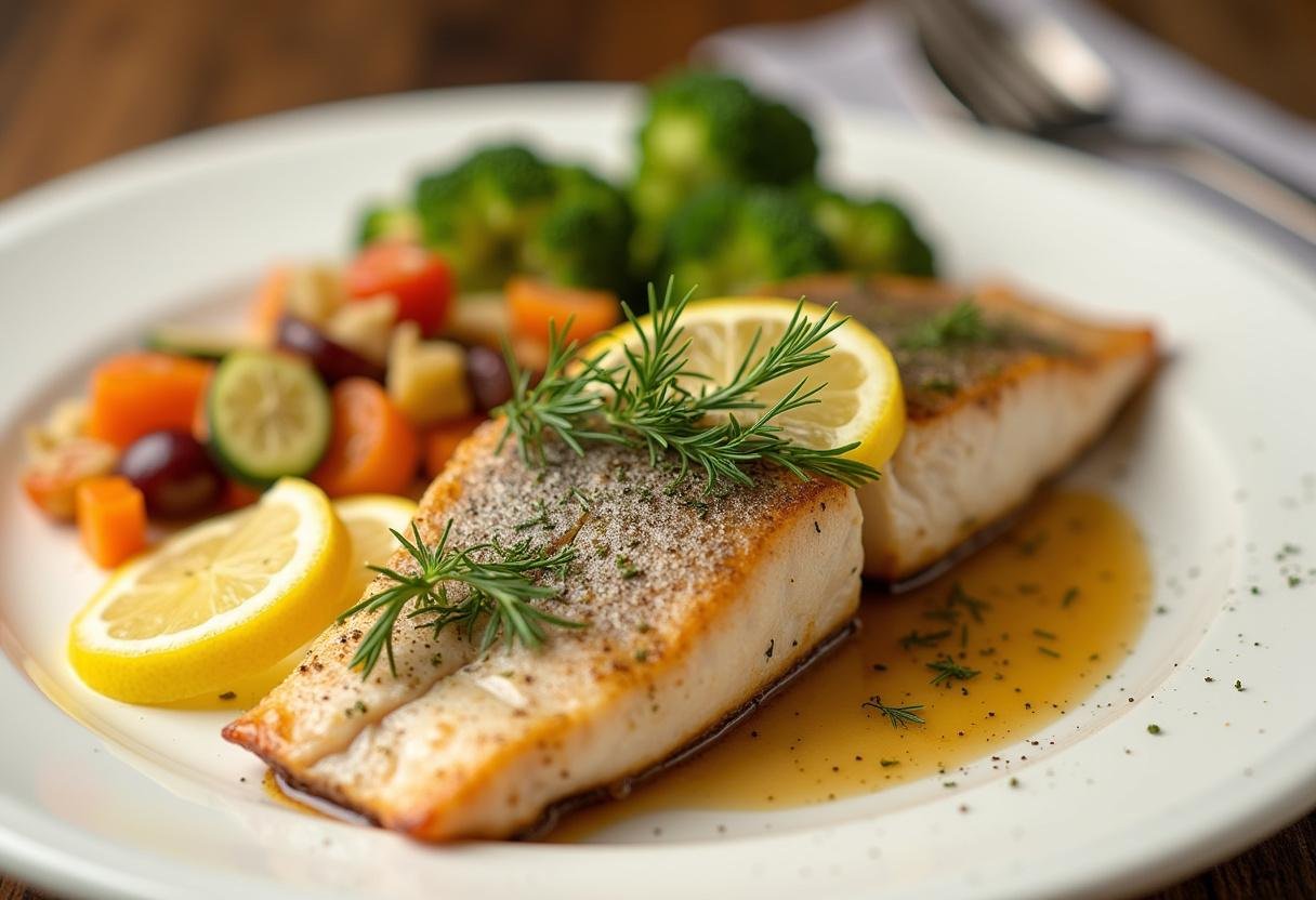 Elegantes Forellenfilet mit frischem Dill und Zitronenscheiben, serviert mit Gemüse.