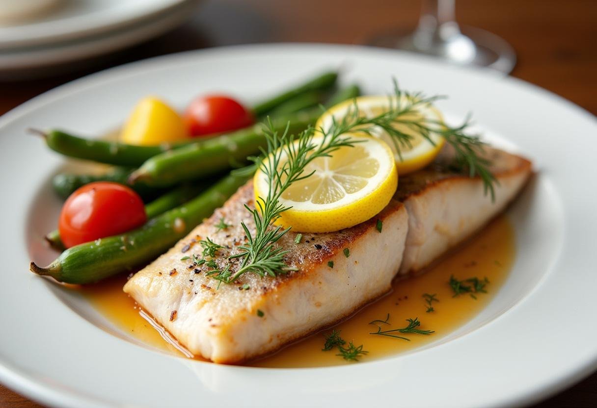 Elegantes Forellenfilet mit frischem Dill und Zitronenscheiben, serviert mit Gemüse.