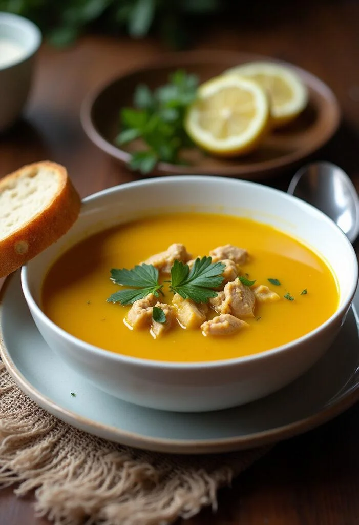 Fertige entzündungshemmende Kurkuma-Hühnersuppe mit frischen Kräutern und Zitrone serviert.