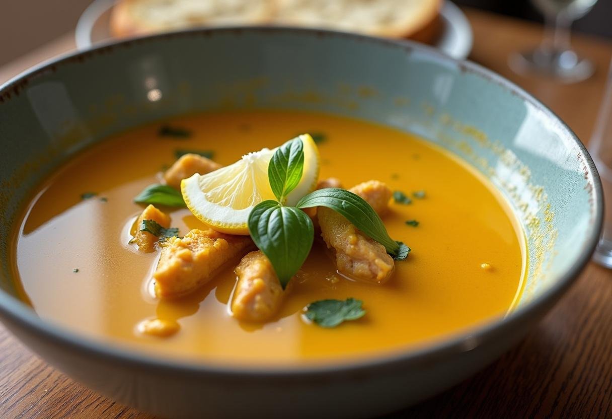 Fertige entzündungshemmende Kurkuma-Hühnersuppe mit frischen Kräutern und Zitrone serviert.