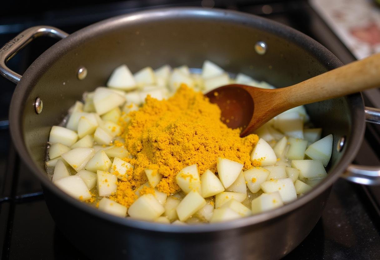 Kochvorgang mit Zwiebeln, Knoblauch, Ingwer und Kurkuma in einem großen Topf für entzündungshemmende Kurkuma-Hühnersuppe.