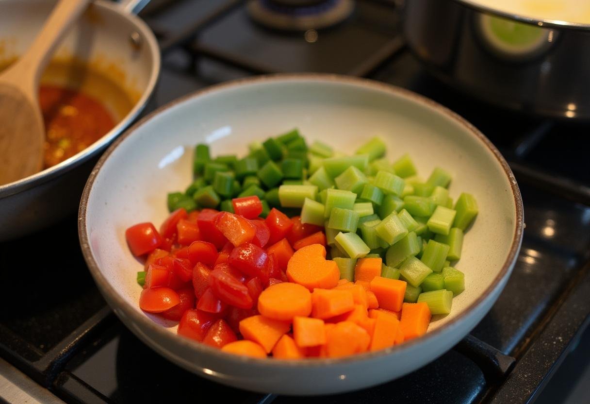 Vorbereitung von Karotten, Sellerie und Paprika für die entzündungshemmende Kurkuma-Hühnersuppe.