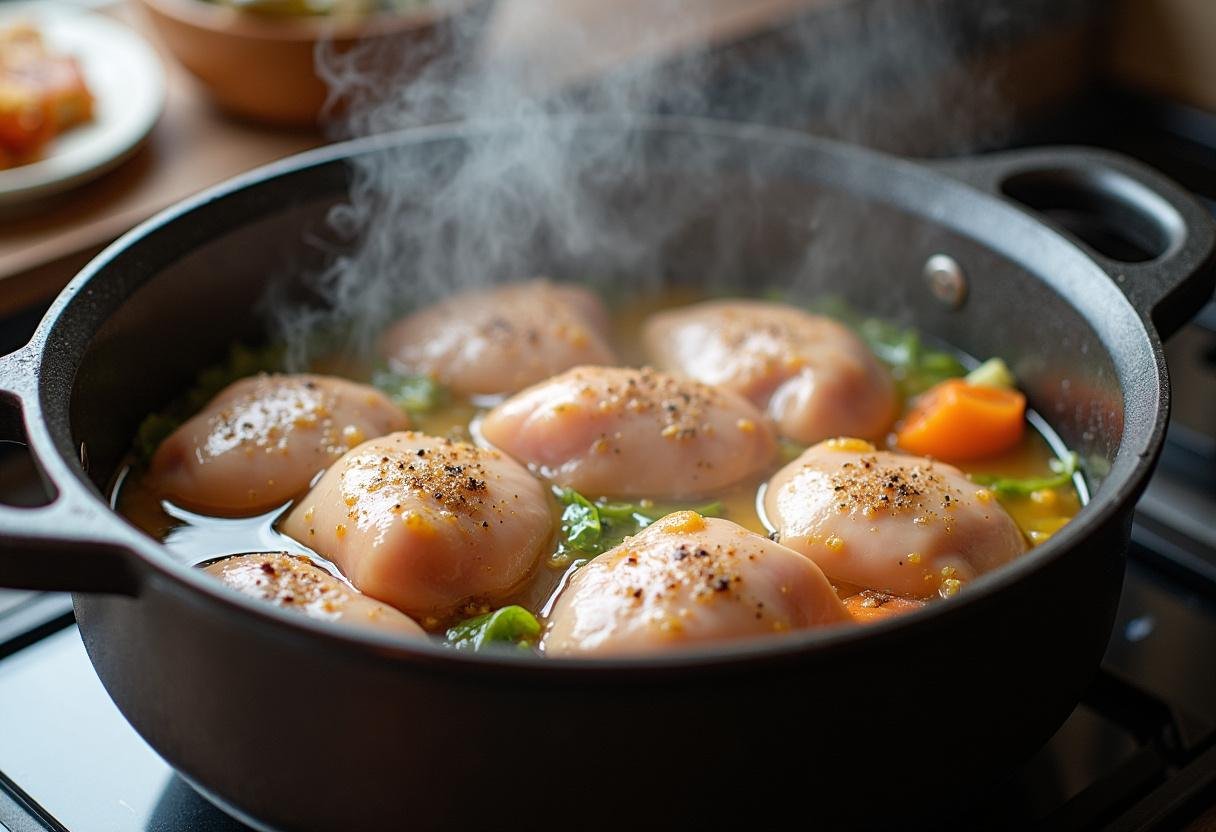 Hühnerstücke werden in die Gewürze und Gemüse für entzündungshemmende Kurkuma-Hühnersuppe gegeben.
