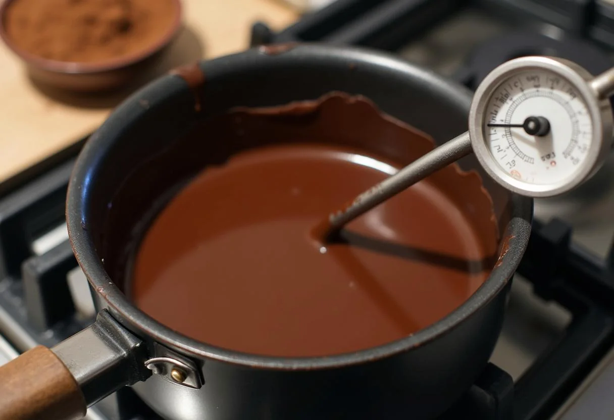 Dunkle Schokolade wird geschmolzen für das Rezept der exklusiven Dubai Schokolade Spezialität.
