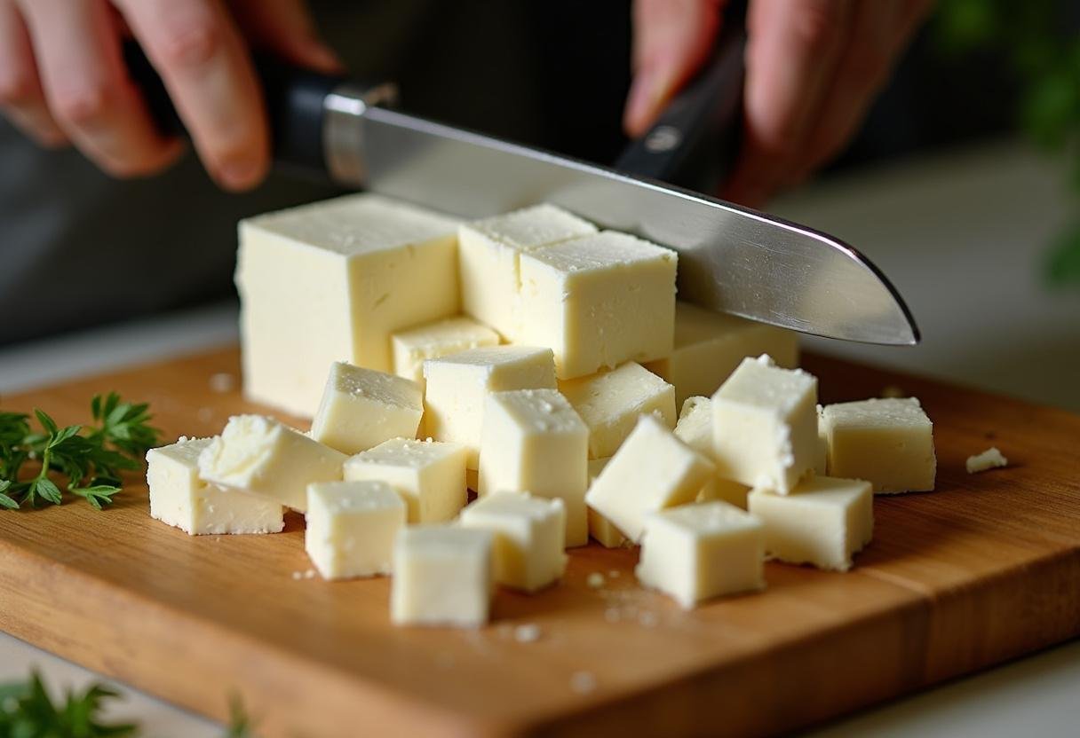 Feta-Käsewürfel werden für das Rezept Feta im Knuspermantel vorbereitet.