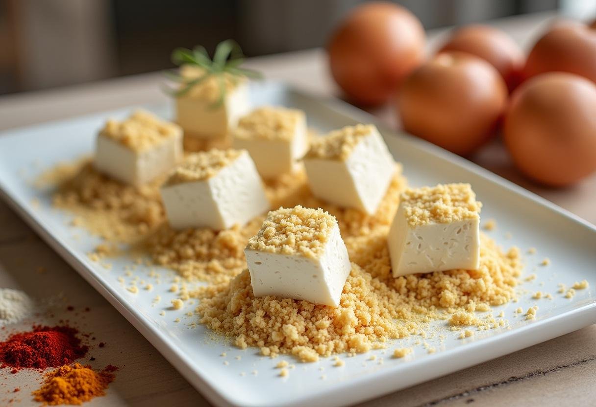 Feta-Käse, der mit Semmelbröseln und Gewürzen für Feta im Knuspermantel paniert wird.