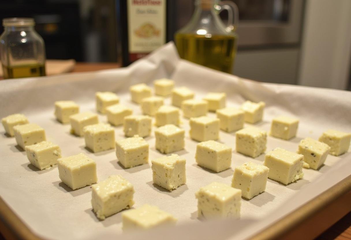 Panierte Feta-Würfel vorbereitet auf einem Backblech für Feta im Knuspermantel vor dem Backen.