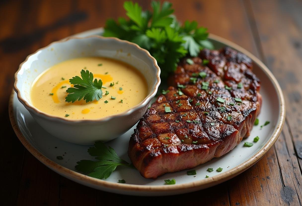 Creamy Feurige Senfsoße served with grilled steak, a must-try for meat lovers.