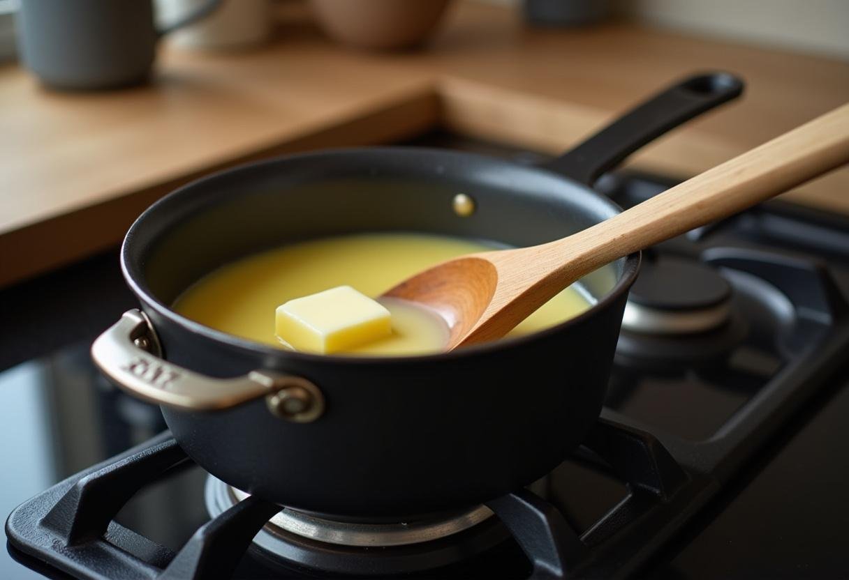 Butter melting in a saucepan for preparing Feurige Senfsoße für Fleischliebhaber.