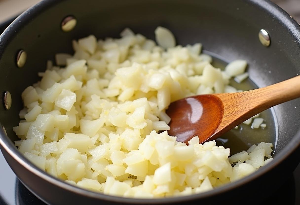 Onions sautéing in butter for Feurige Senfsoße für Fleischliebhaber.