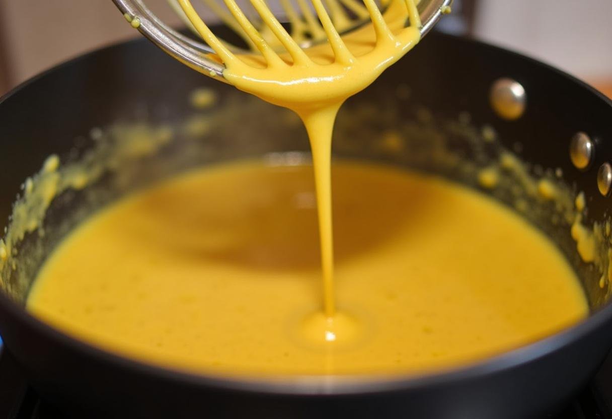 Beef broth being whisked into the mustard sauce for Feurige Senfsoße.
