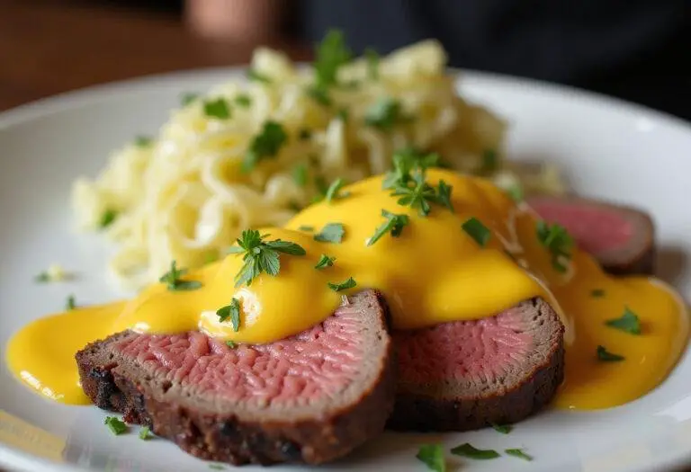 Fertiges Flanksteak mit Erbsen-Hollandaise und Spitzkohl, angerichtet auf einem Teller mit frischen Kräutern.