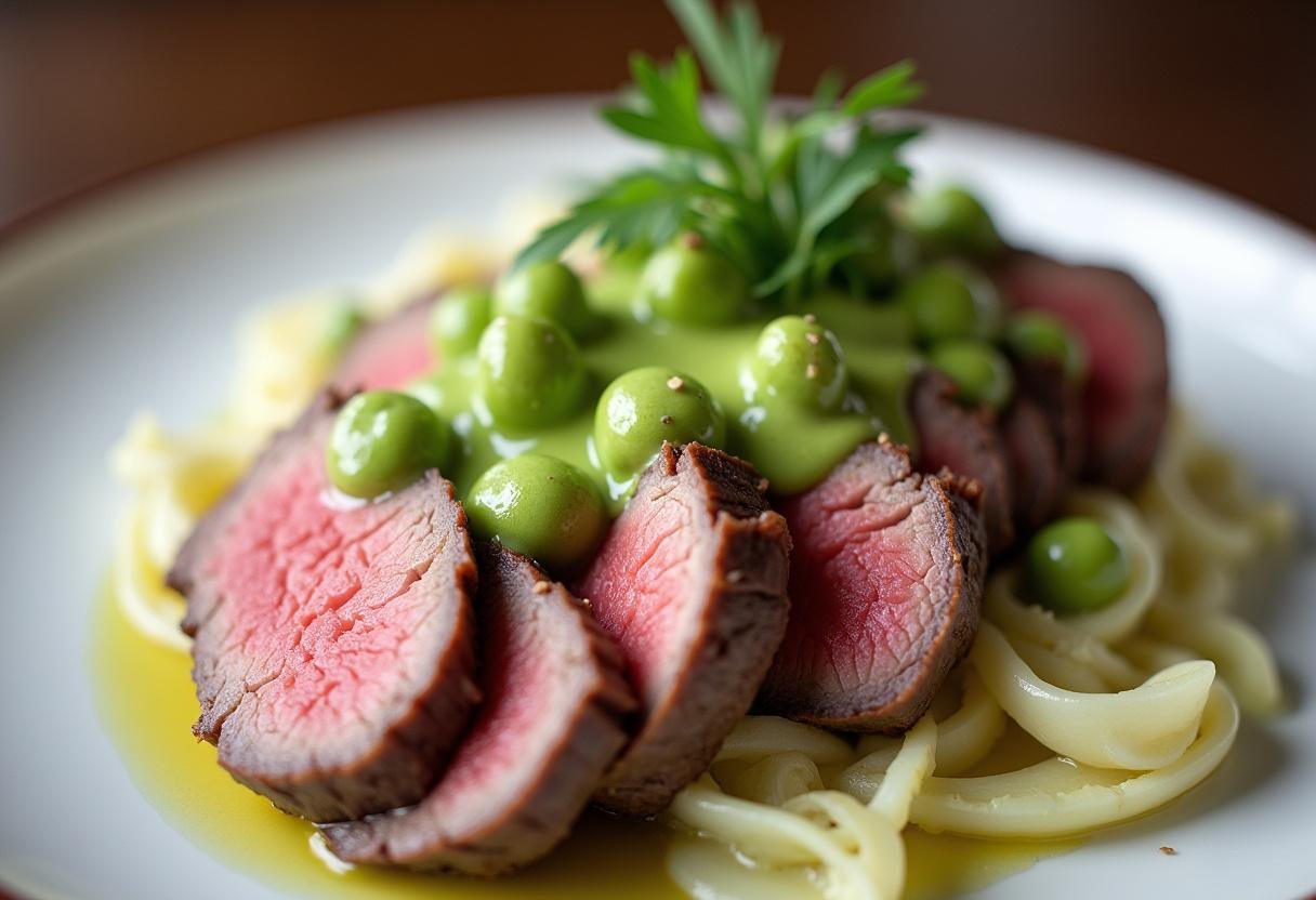 Fertiges Flanksteak mit Erbsen-Hollandaise und Spitzkohl, angerichtet auf einem Teller mit frischen Kräutern.