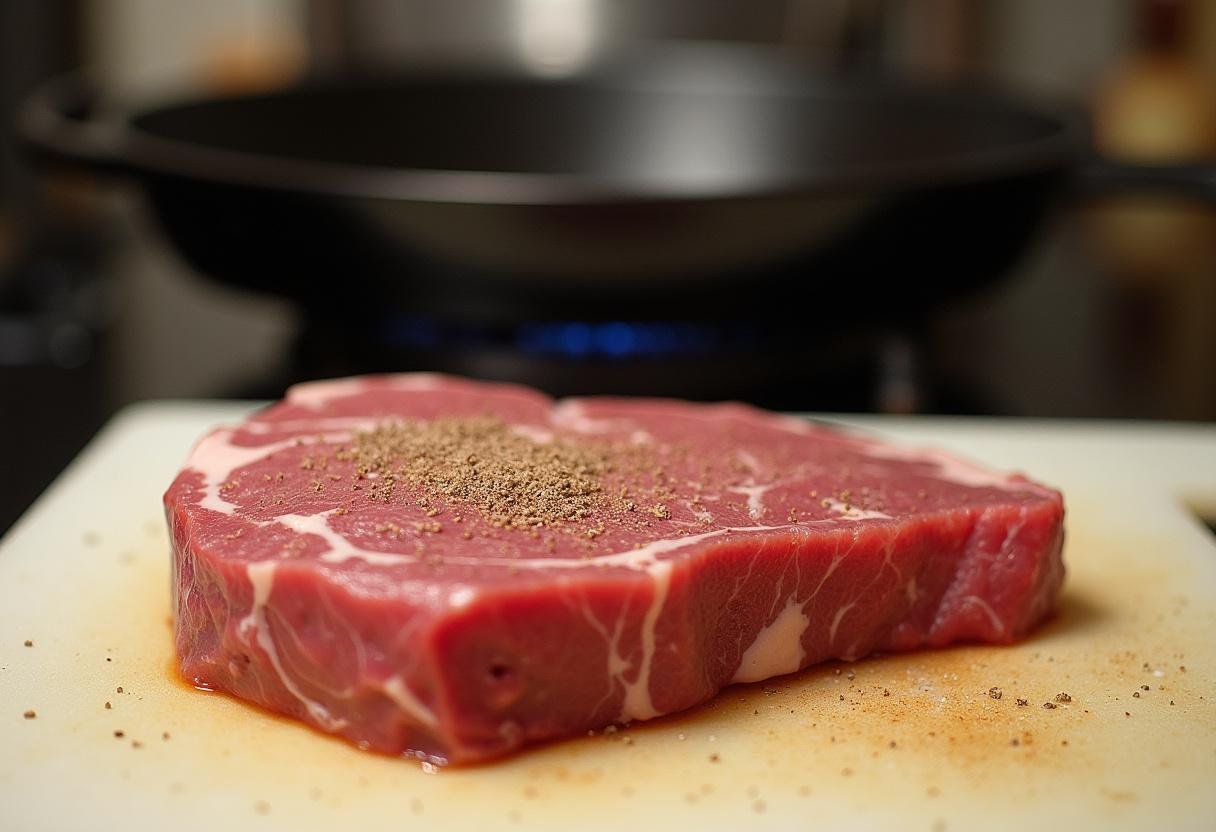 Flanksteak gewürzt mit Salz und Pfeffer auf einem Schneidebrett für Flanksteak mit Erbsen-Hollandaise und Spitzkohl.