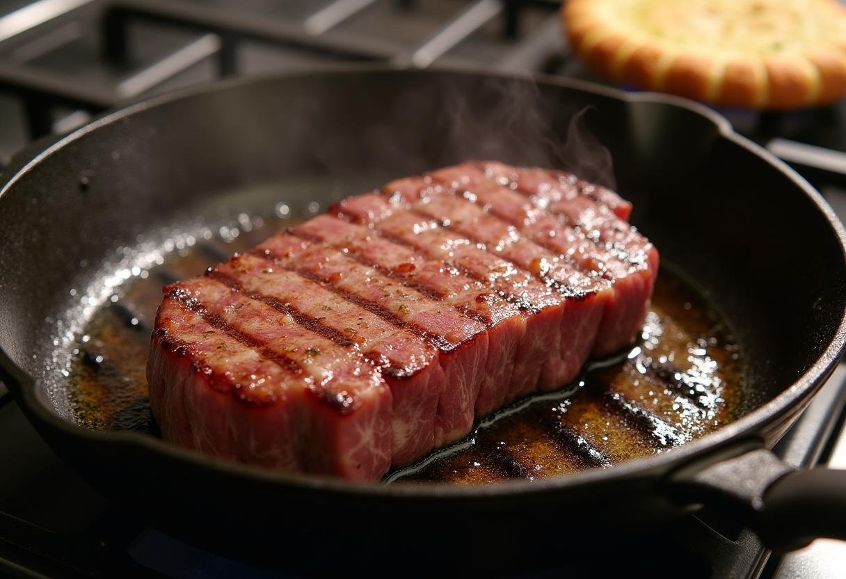 Flanksteak brät in einer Gusseisenpfanne für Flanksteak mit Erbsen-Hollandaise und Spitzkohl.