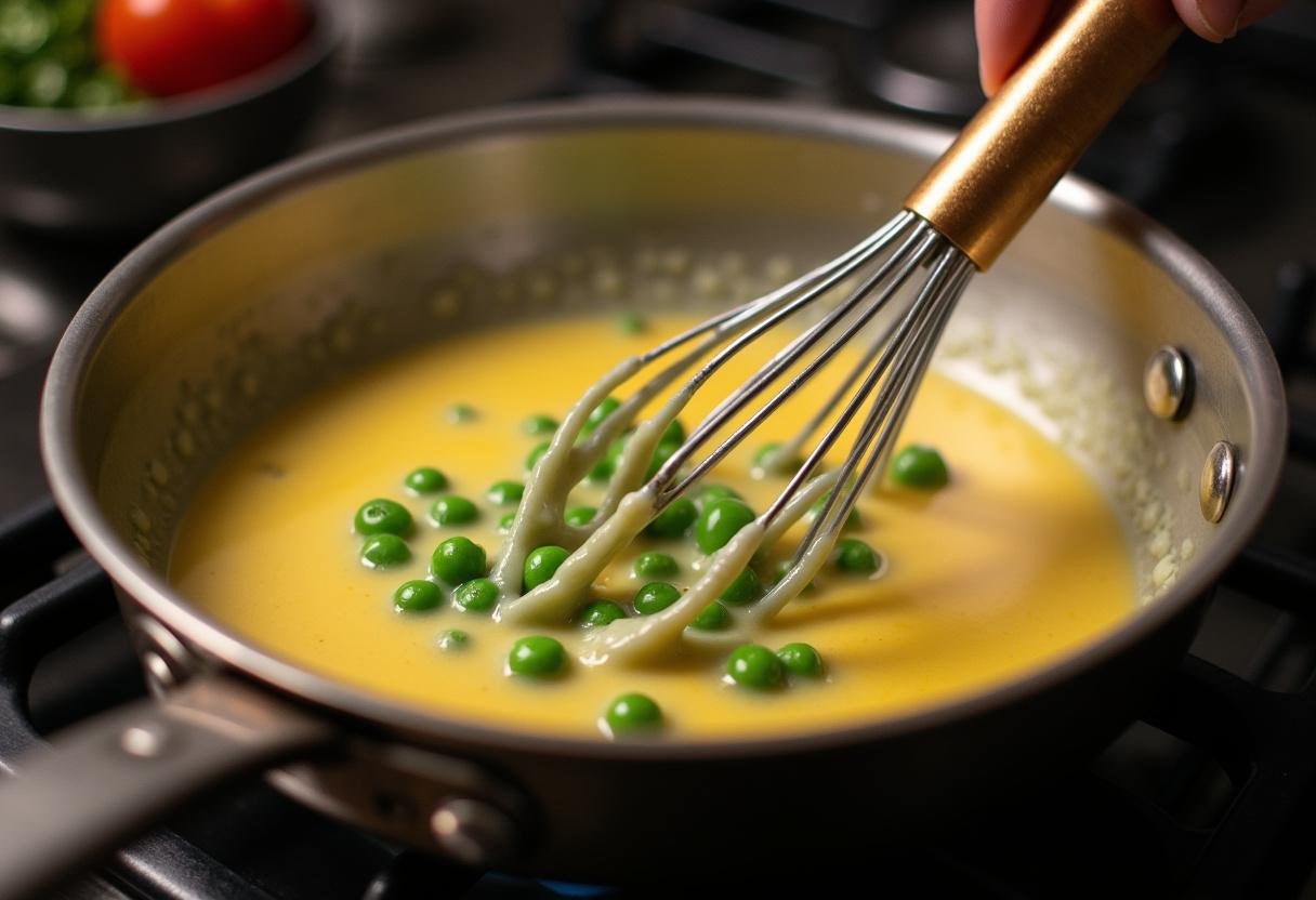 Hollandaise-Sauce mit Erbsen wird in einem Topf gerührt für Flanksteak mit Erbsen-Hollandaise.