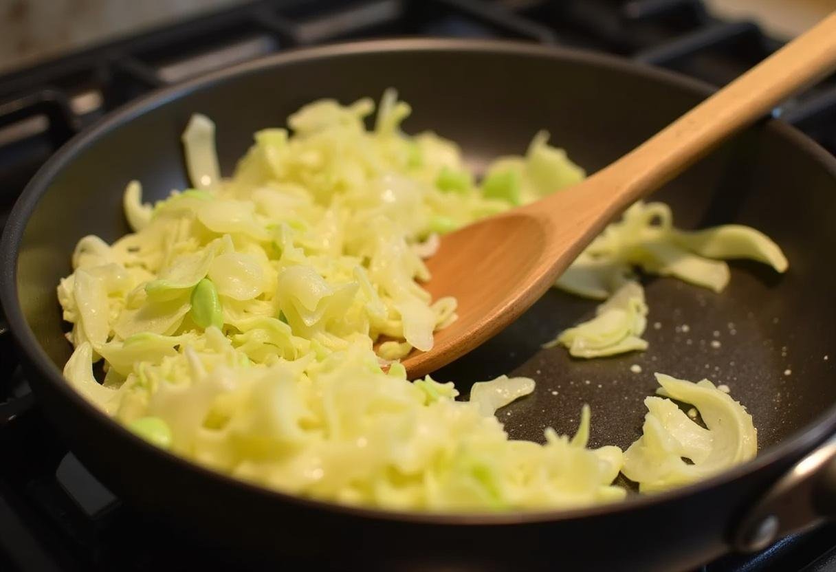 Spitzkohl wird in Butter angebraten für Flanksteak mit Erbsen-Hollandaise und Spitzkohl.