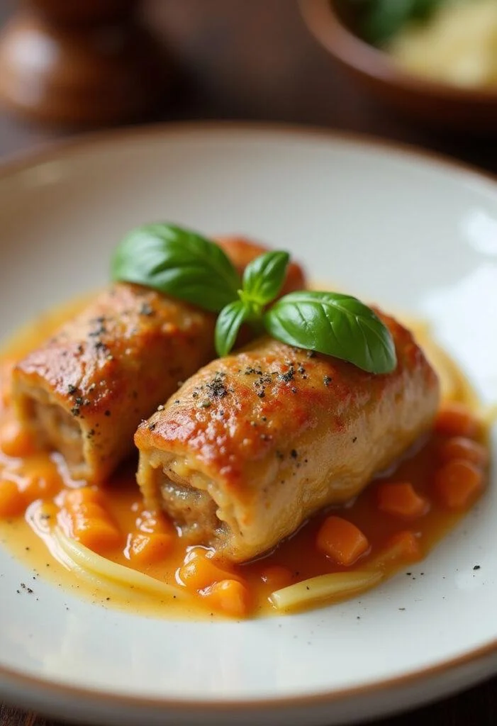 Finished Italian-style Fleischrouladen with ham and basil, presented on a stylish plate.