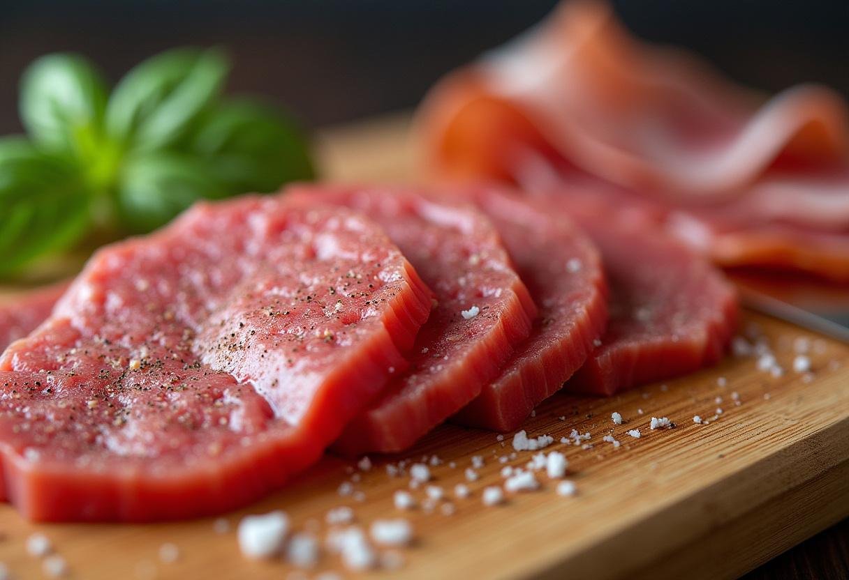 Dünn geschnittenes Rindfleisch wird für die italienischen Rouladen mit Schinken, Basilikum und Parmesan vorbereitet.