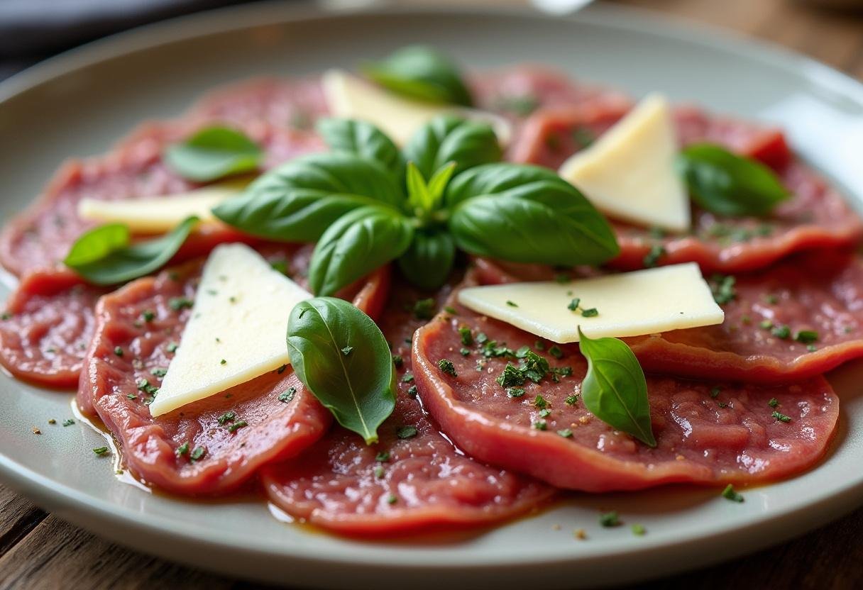Italienische Zutaten werden auf Rindfleischscheiben geschichtet, um Fleischrouladen mit Basilikum und Parmesan zuzubereiten.