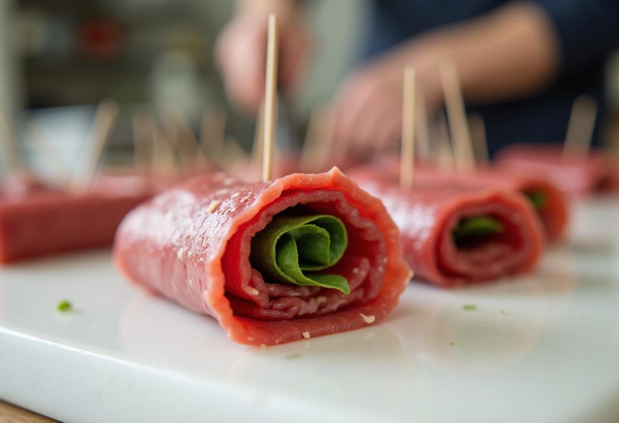 Rindfleischrouladen werden mit Schinken und Basilikum aufgerollt, um eine köstliche italienische Zubereitung zu erhalten.