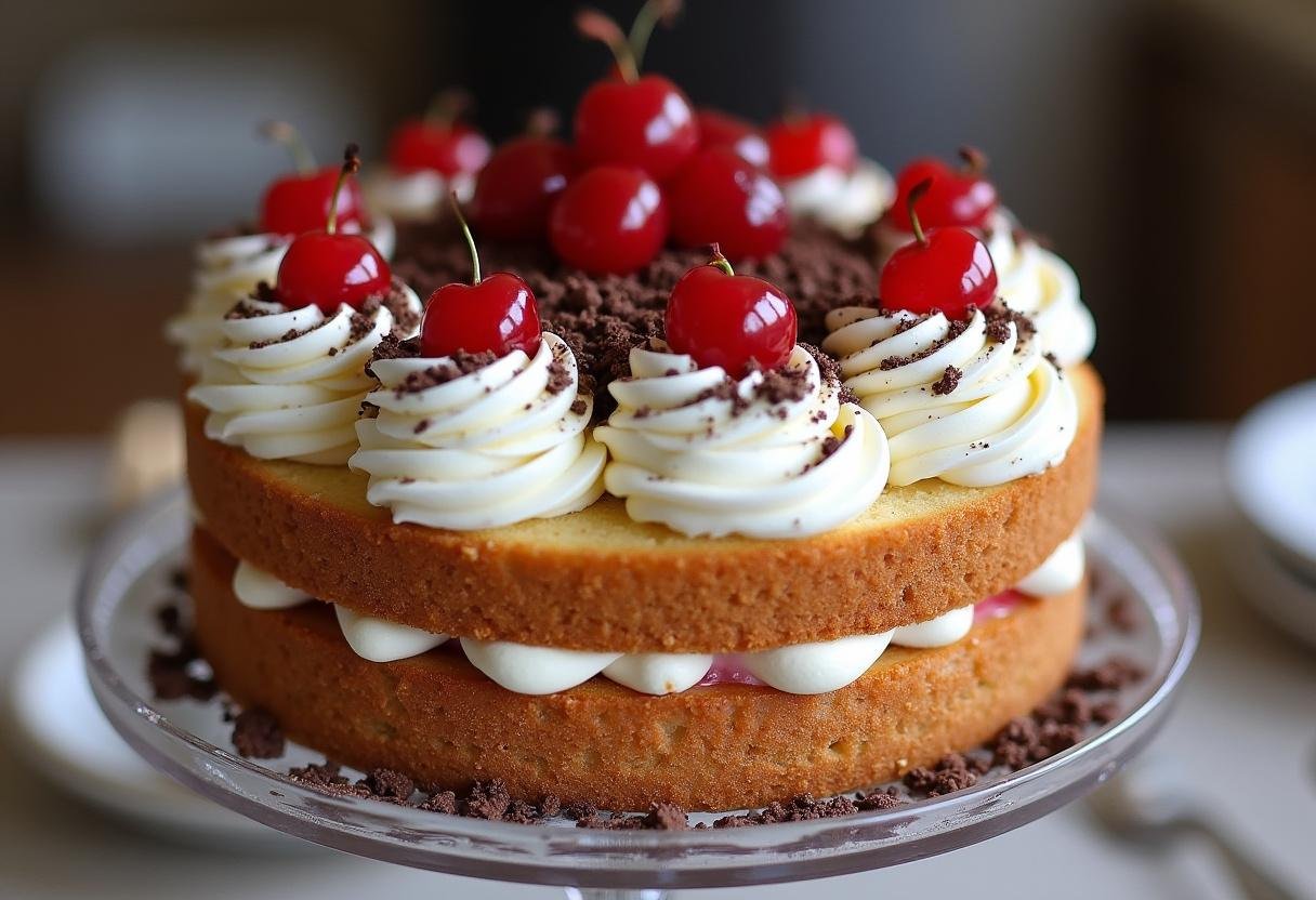 Finished Fruchtige Schwarzwälder Kirschtorte mit Sahne, Kirschen und Schokolade, perfekt zum Servieren.