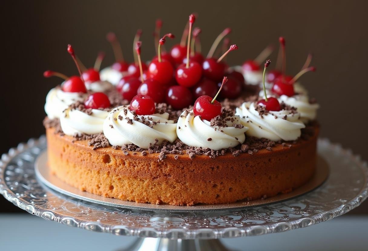Finished Fruchtige Schwarzwälder Kirschtorte mit Sahne, Kirschen und Schokolade, perfekt zum Servieren.
