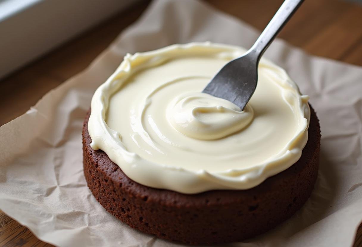 Whipped cream being spread on chocolate cake layer for Schwarzwälder Kirschtorte.