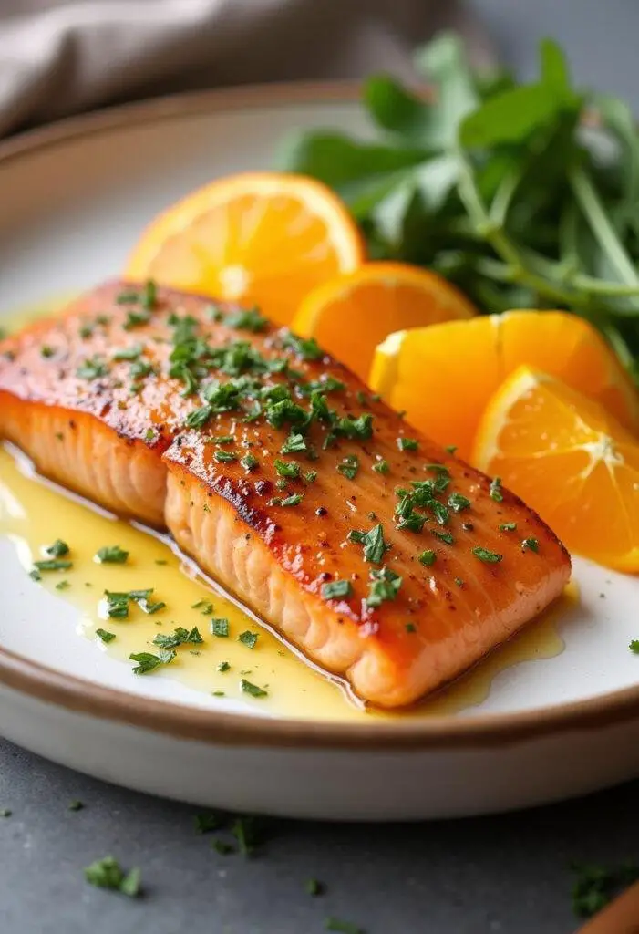 Fertig gebackener Orangen Lachs mit Honig Senf Glasur, serviert mit frischen Orangenscheiben.