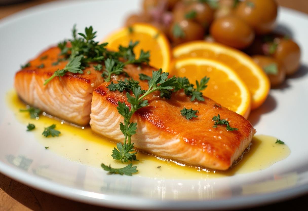 Fertig gebackener Orangen Lachs mit Honig Senf Glasur, serviert mit frischen Orangenscheiben.