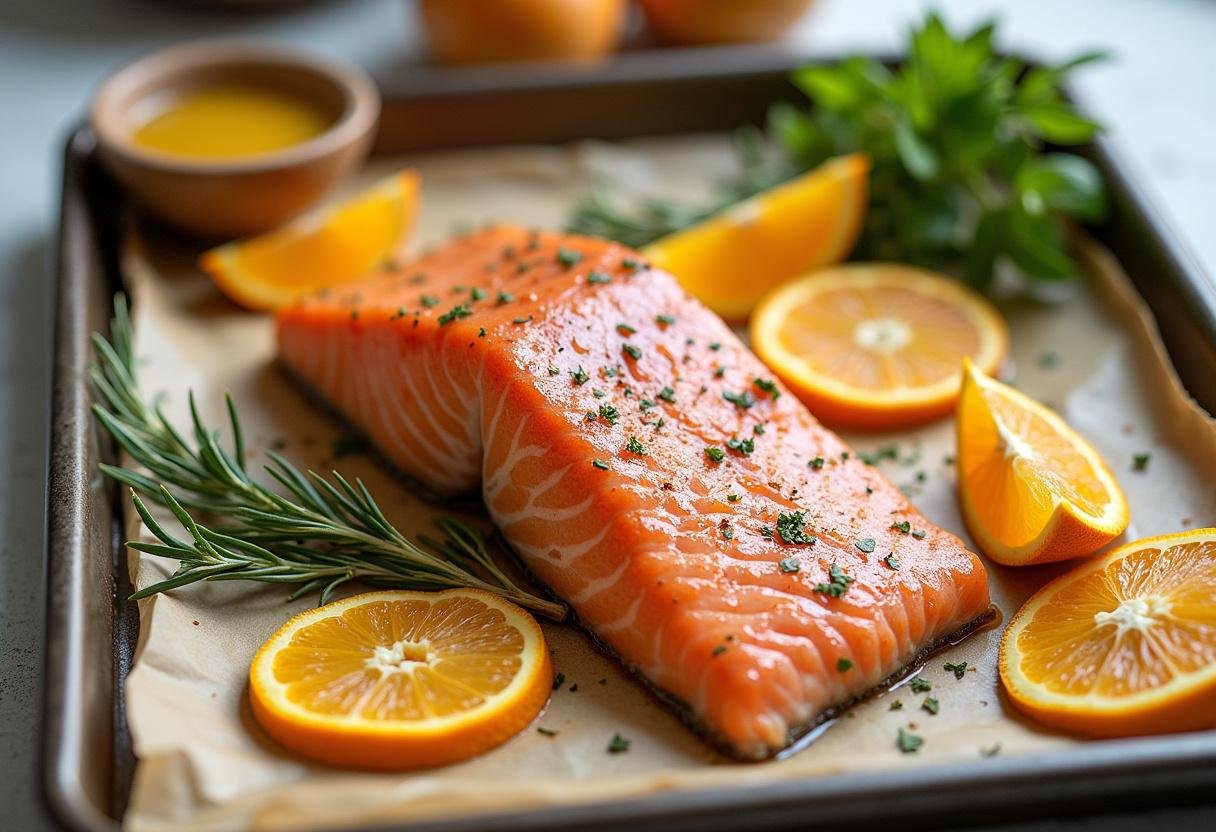 Lachsfilet auf einem Backblech mit frischen Orangenscheiben und Kräutern für gebackenen Orangen Lachs.