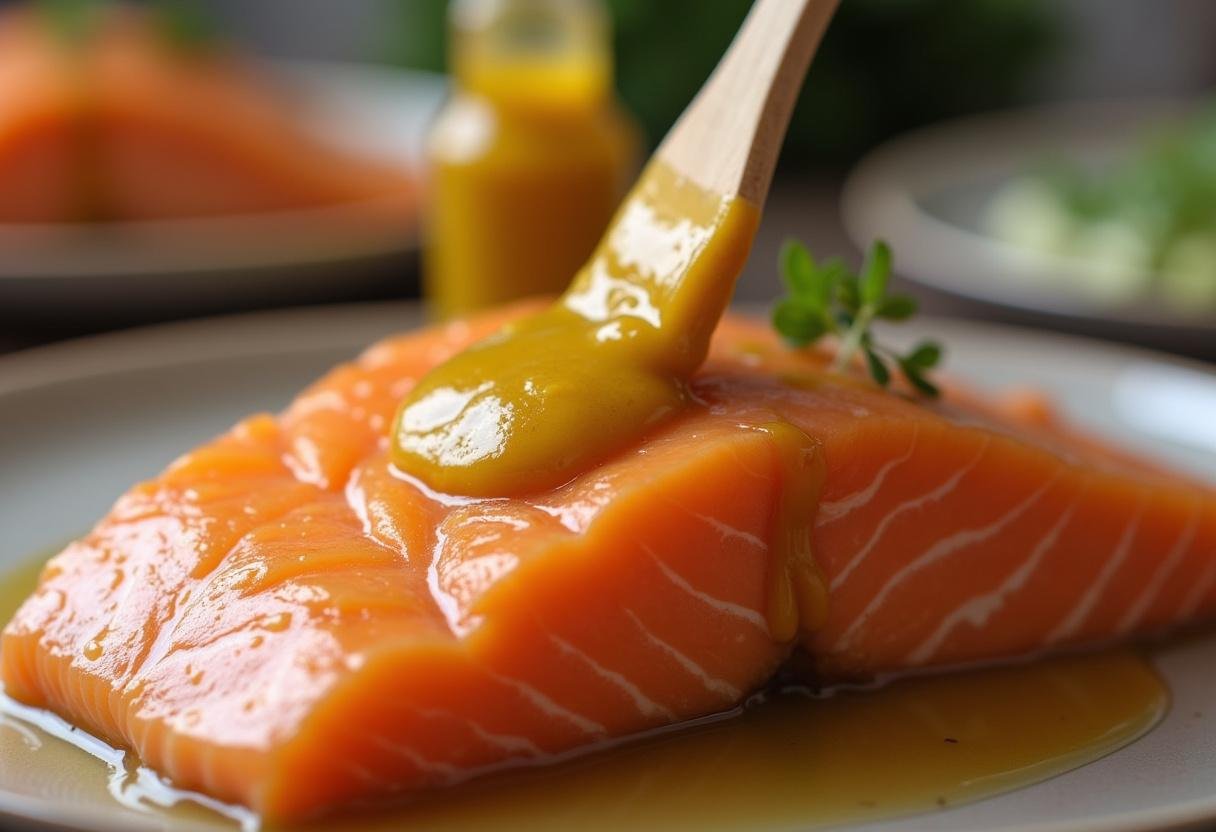 Honig Senf Glasur wird auf Lachsfilet aufgetragen für gebackenen Orangen Lachs.