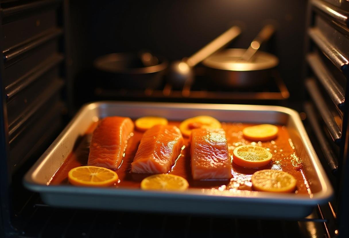 Backblech mit Lachs und Orangenscheiben wird in den Ofen geschoben für gebackenen Orangen Lachs.