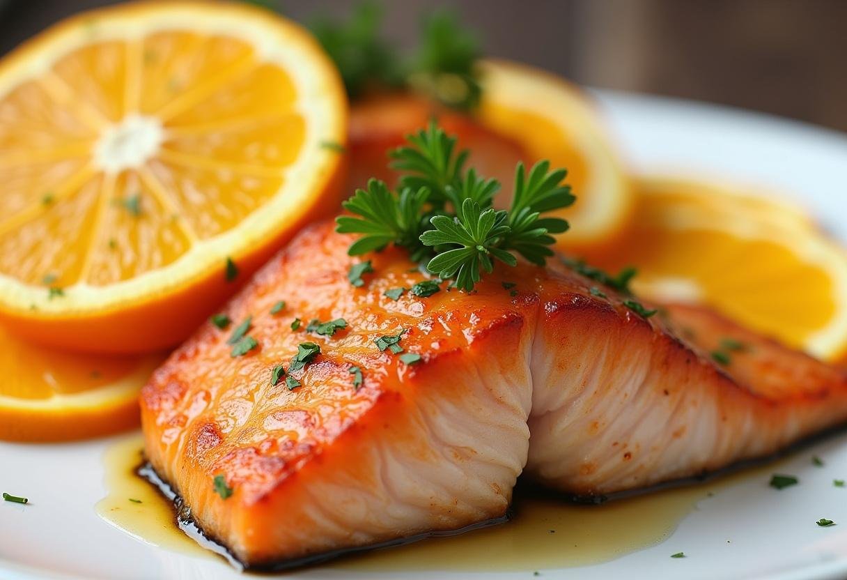 Gebackener Orangen Lachs auf einem Teller serviert, dekoriert mit frischer Petersilie.
