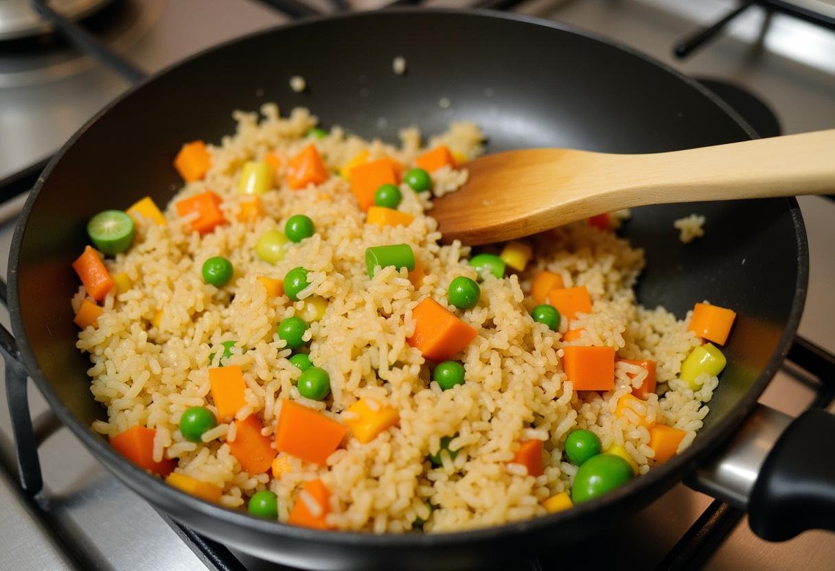 Stirring cooked rice with diced vegetables for Gebratener Reis mit Gemüse und Ei.