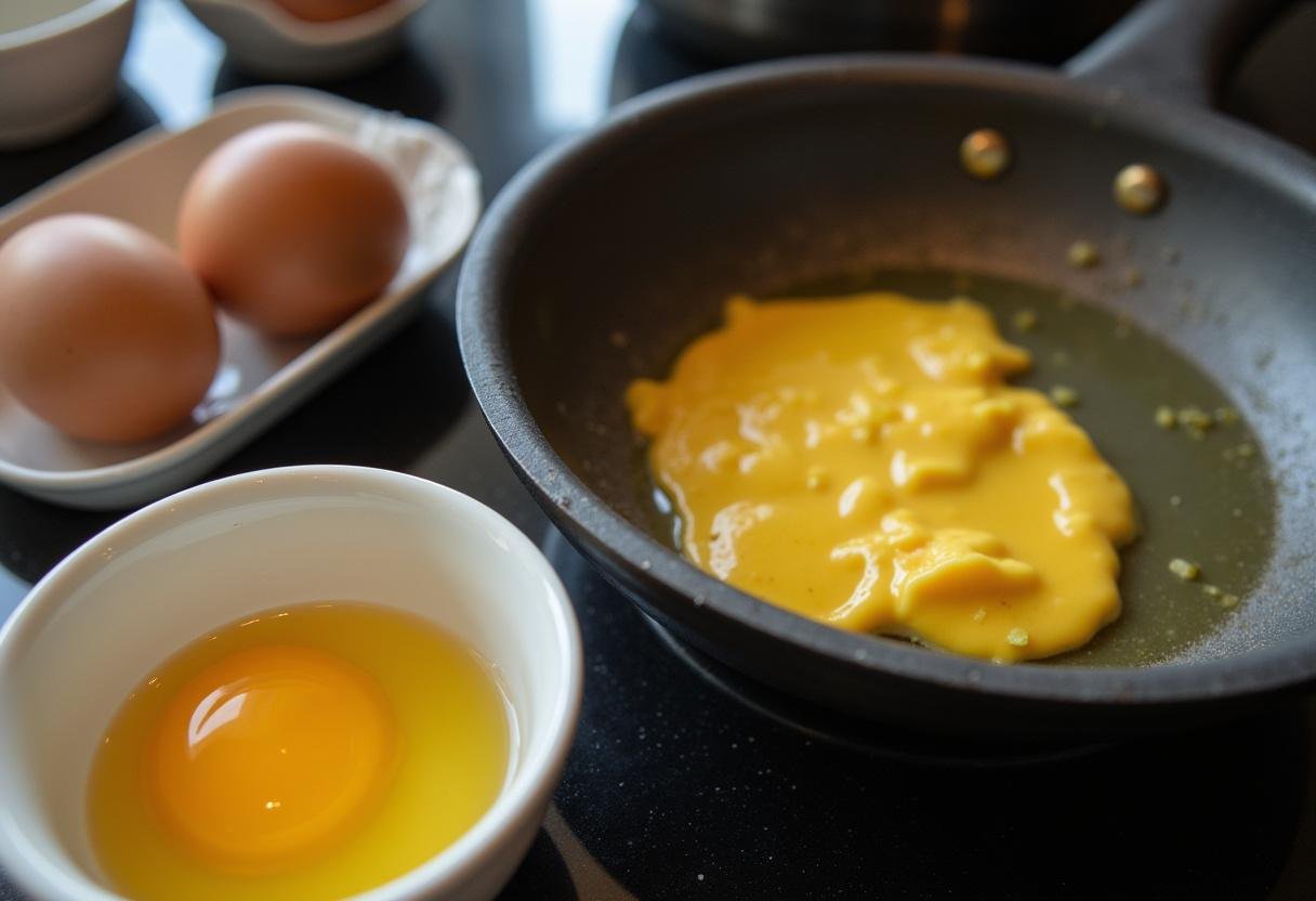 Prepared beaten eggs next to a skillet for Gebratener Reis mit Gemüse und Ei preparation.