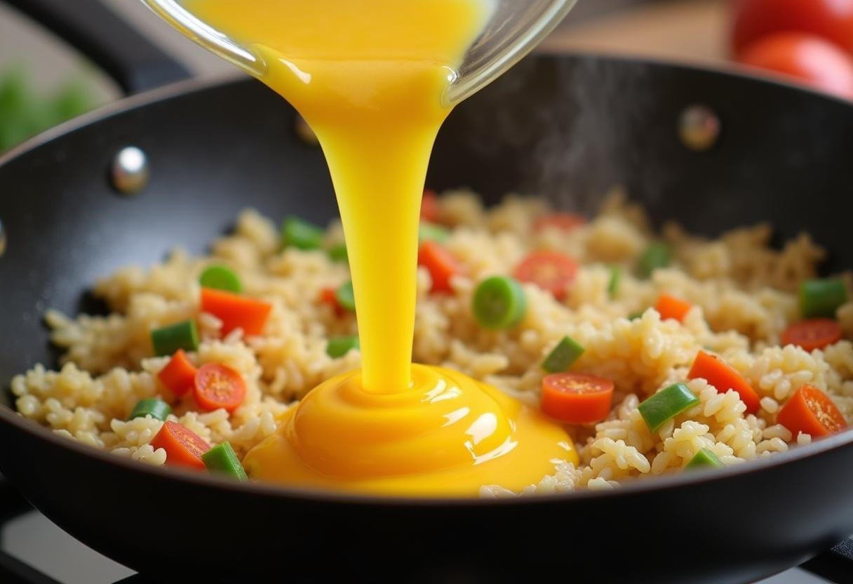 Pouring eggs into the vegetable fried rice for Gebratener Reis mit Gemüse und Ei.