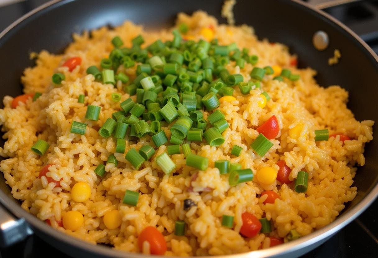 Combining ingredients in the skillet for a delicious Gebratener Reis mit Gemüse und Ei.