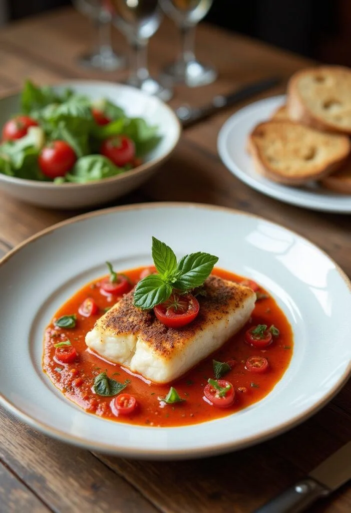 Fertiges Gericht von mediterranem Kabeljau in Tomaten-Basilikum-Sauce, perfekt für ein elegantes Essen.