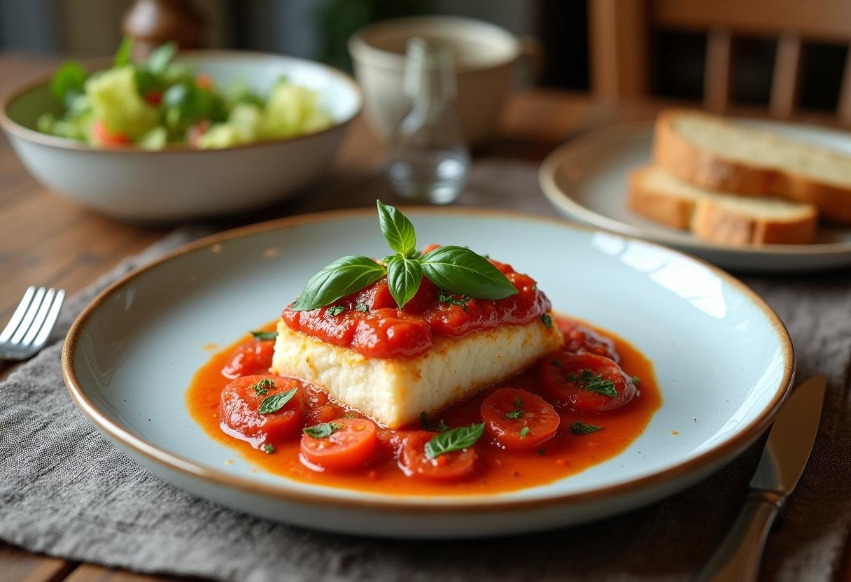 Fertiges Gericht von mediterranem Kabeljau in Tomaten-Basilikum-Sauce, perfekt für ein elegantes Essen.