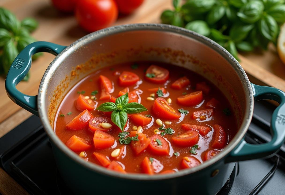 Tomaten-Basilikum-Sauce wird gekocht für den mediterranen Kabeljau.