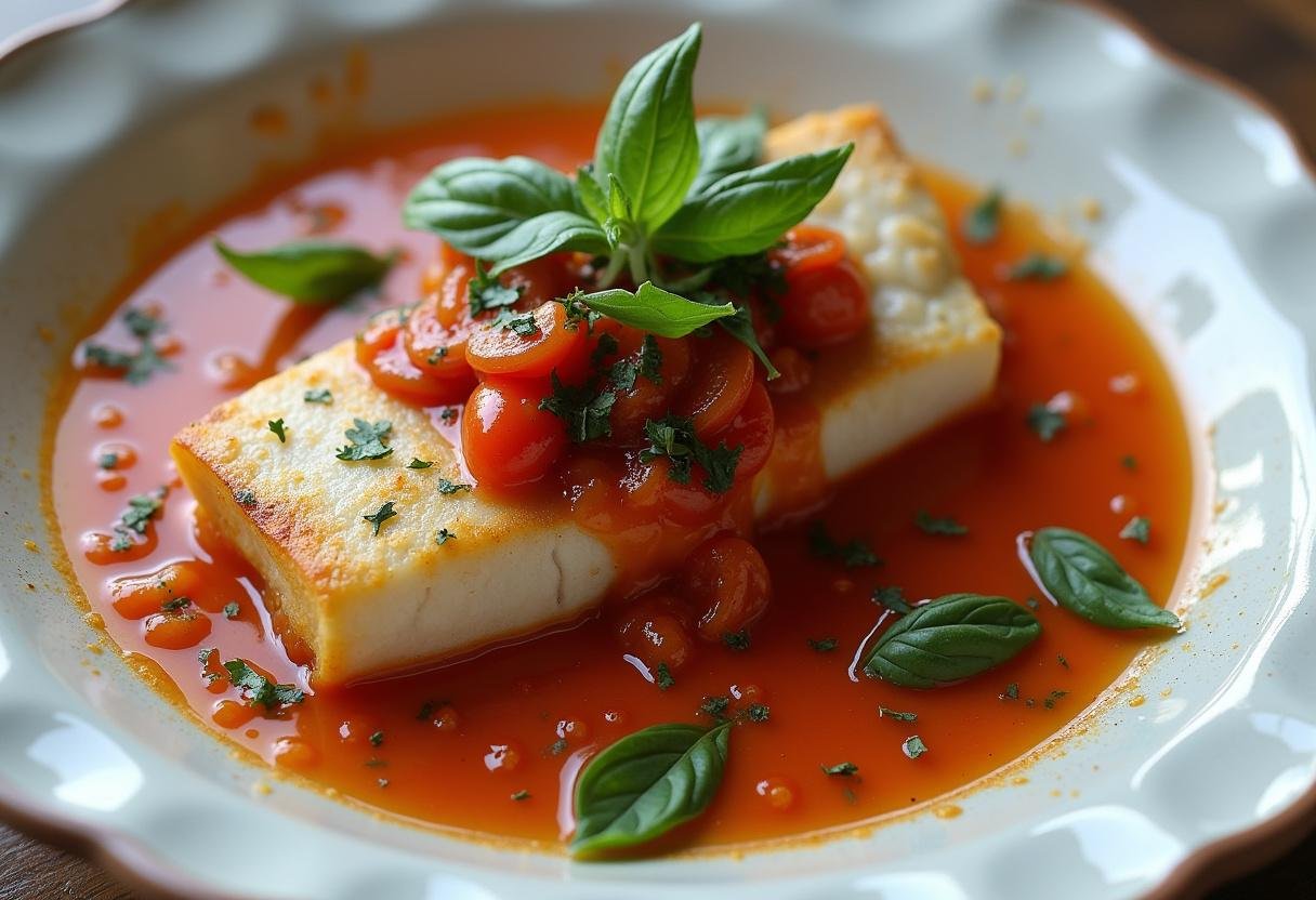 Kabeljau wird mit Tomaten-Basilikum-Sauce überzogen, bereit zum Servieren.