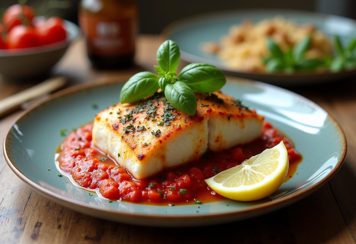 Servierteller mit gebratenem Kabeljau in Tomaten-Basilikum-Sauce, ideal für mediterrane Mahlzeiten.