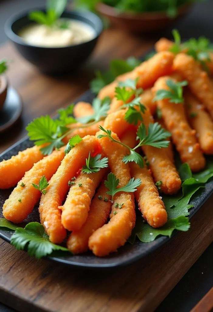 Fertiges gebratenes Gemüse in Tempura, kunstvoll angerichtet mit Dipsauce, perfekt für jede Mahlzeit.