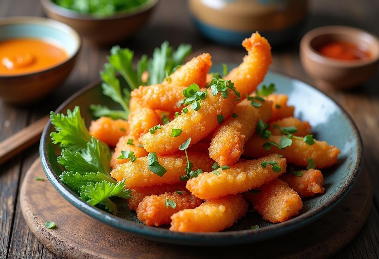Fertiges gebratenes Gemüse in Tempura, kunstvoll angerichtet mit Dipsauce, perfekt für jede Mahlzeit.