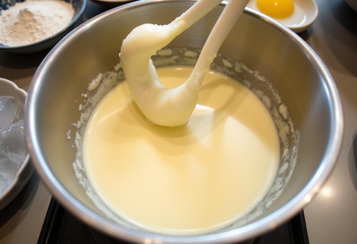 Zubereitung des Tempurateigs für gebratenes Gemüse in Tempura, mit einer leichten Konsistenz.