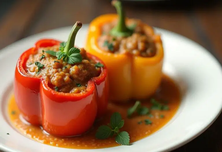 Fertige gefüllte Paprika mit Hackfleisch und Reis, appetitlich angerichtet.