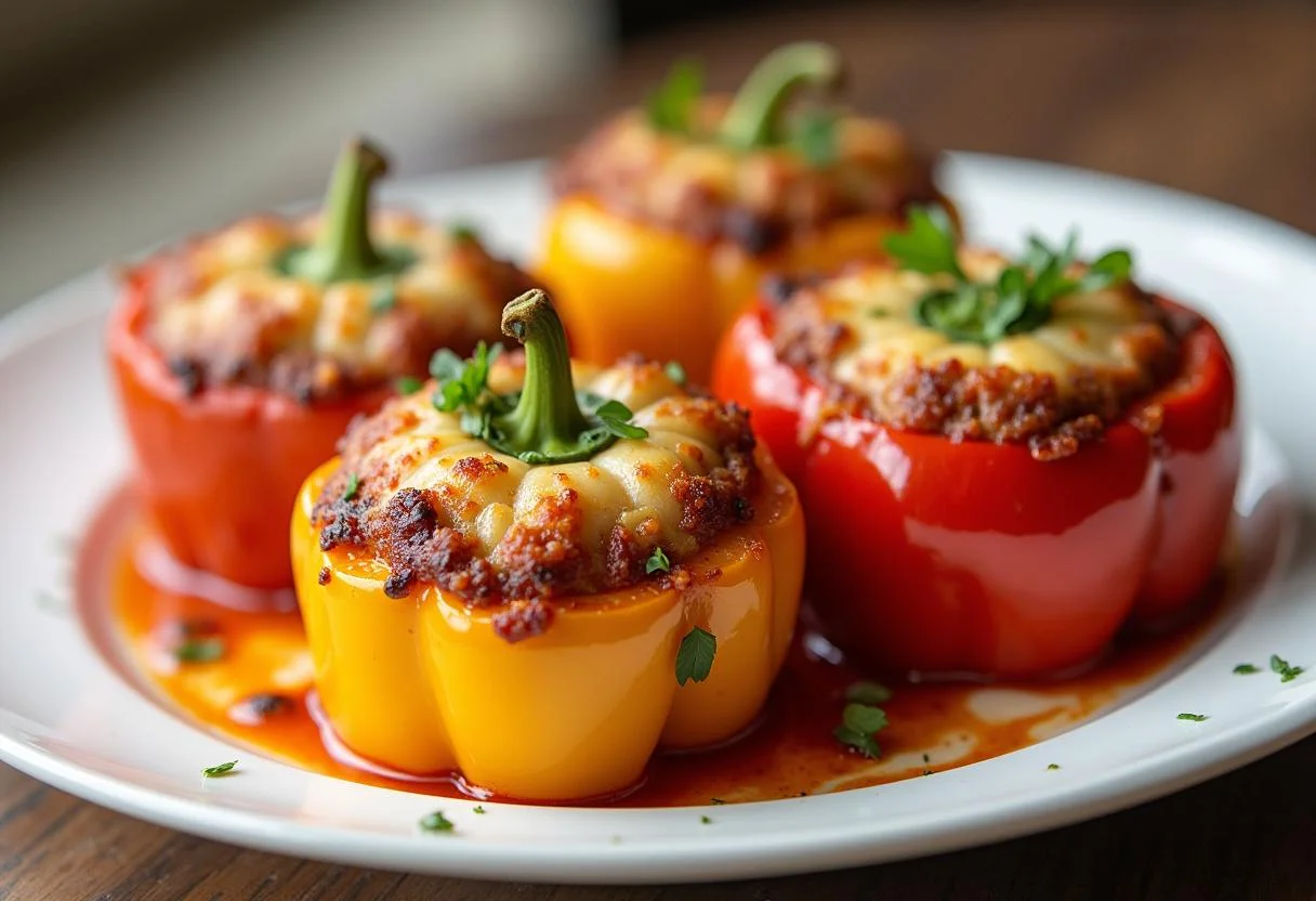Fertige gefüllte Paprika mit Hackfleisch und Reis, appetitlich angerichtet.